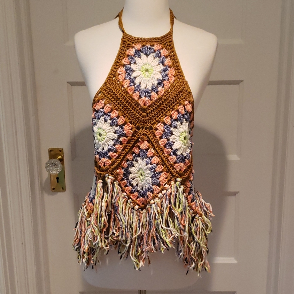 Free People crocheted fringed tank xs/s